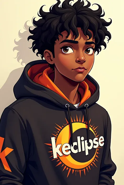 A black man with curly hair who has a hoodie and knows that it says KEclipse with an eclipse of the theme of the young  gamige who looks more animated masculine 