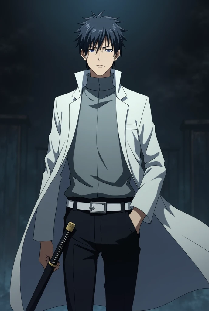 Yuta okkotsu, (jujutsu kaisen), (Black hair), (hair cut), black eyes, (dark circles under the eyes), serious expression, white high-ring closed coat, (black pants), (white belt waist), (holding katana), (masterpiece), (anime screencap), (handsome), (tall m...