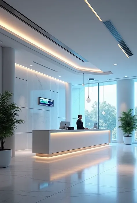 Generate a image of all hotel front office reception equipment which contains automated semi automated and manual equipments separately in one image without humans 
