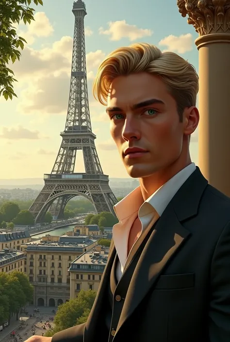 A handsome blond man with green eyes in front of the Paris tower 