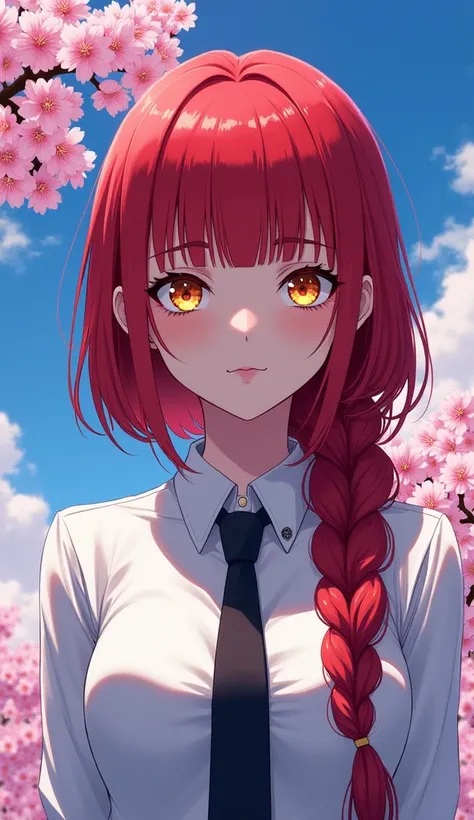 ((Go Min-si)) Create a striking anime-style digital illustration featuring a front portrait of Makima from Chainsaw Man. Portray her with her signature vibrant red hair, styled with straight bangs and a long braid draped over her right shoulder. Her pierci...