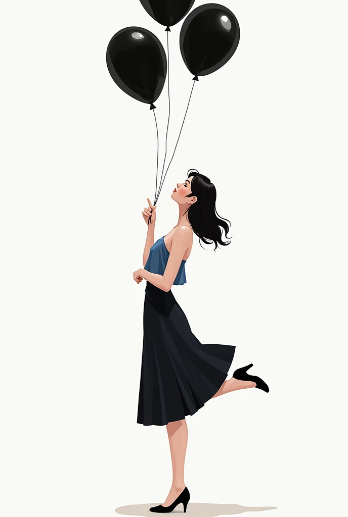 Create a png of a white woman in her 30s with long black hair *It has to be black)on the side holding balloons lifting one leg with a flared skirt and a blue strapless blouse and looking at the balloons(black and white)

Without being too realistic looking...