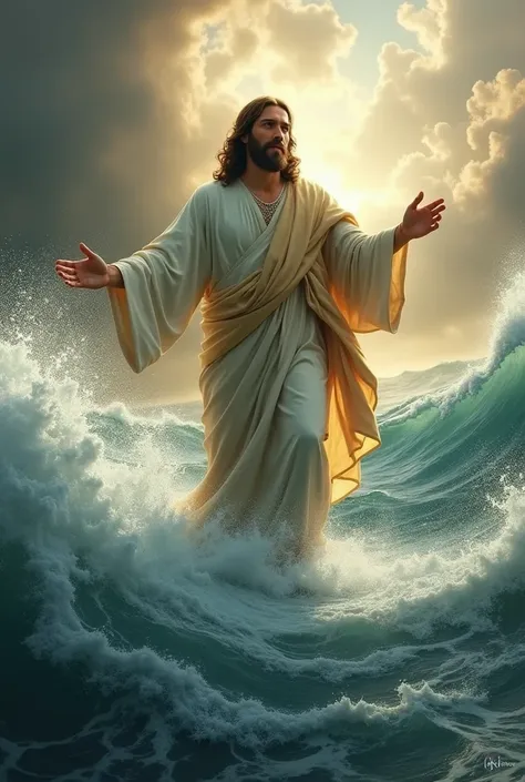 (photorealism:1.2), Jesus Christ, standing on the waters of the sea, dressed in a robe, in the middle of a storm, joyful, smiles at me, his hand extended forward, inviting me to take his hand, flat from the knees, realistic, intricate details, warm colors,...