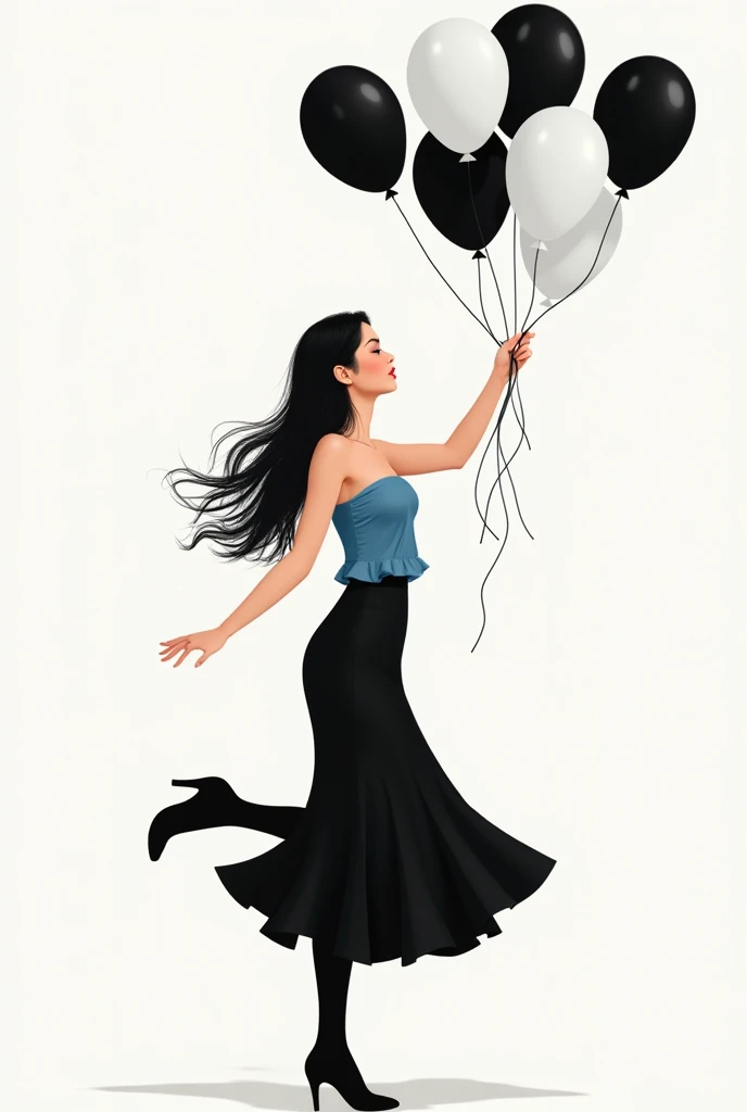 Create a png of a white woman in her 30s with long black hair *It has to be black)on the side holding balloons lifting one leg with a flared skirt and a blue strapless blouse and looking at the balloons(black and white)

Without being too realistic looking...