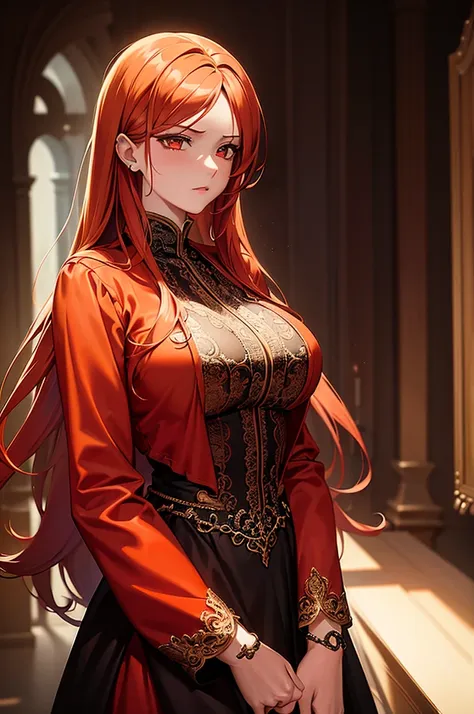 a beautiful angel woman with orange colored hair,  in a heaven ,very large breasts, detailed red dress, intricately detailed portrait, striking facial features, piercing eyes, long flowing hair, elegant pose, luxurious gown, dramatic lighting, photorealist...