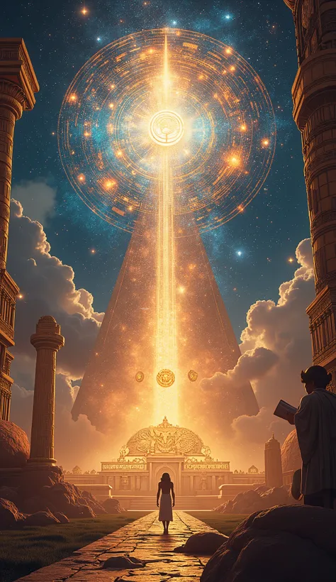 Design an image of a grand cosmic scene representing the establishment of order in the universe, with vibrant, intricate details and Egyptian symbols. The background should showcase a harmonious cosmic arrangement with the blurred silhouettes of Atum, Shu,...