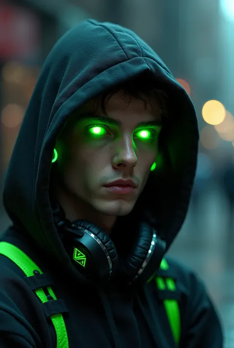 man, neon green eyes, an earring in one of the ears with the green delta symbol, with a black sweatshirt with green neon, black gamer headphones around his neck with green details. black hood.