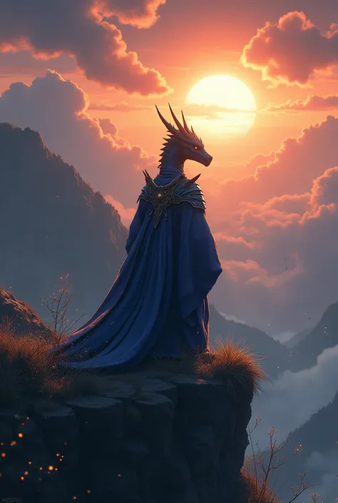 solo, male, mature male, (male anthro dragon:1.3), (blue body:1.1), (standing:1.3), (kemono:1.2), (sunset:1.23), armor, (robe), (looking back:1.2), raised head, (rear view), landscapes, cliff, dawn, horizon, detailed eyes, portrait, dragon tail, horn, (det...