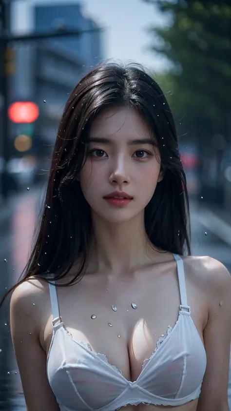 8k, masterpiece, RAW photos, best quality, realistic, extremely detailed CG unity 8k wallpaper, depth of field, (very beautiful face, beautiful lips, beautiful eyes), ((highly detailed skin)),  (realistic photo:1.5), Rainy day street, (Wet Girl), ((hard ni...