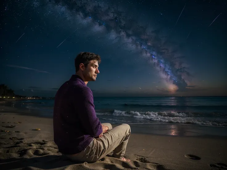 A man sitting on the beach with purple starry sky