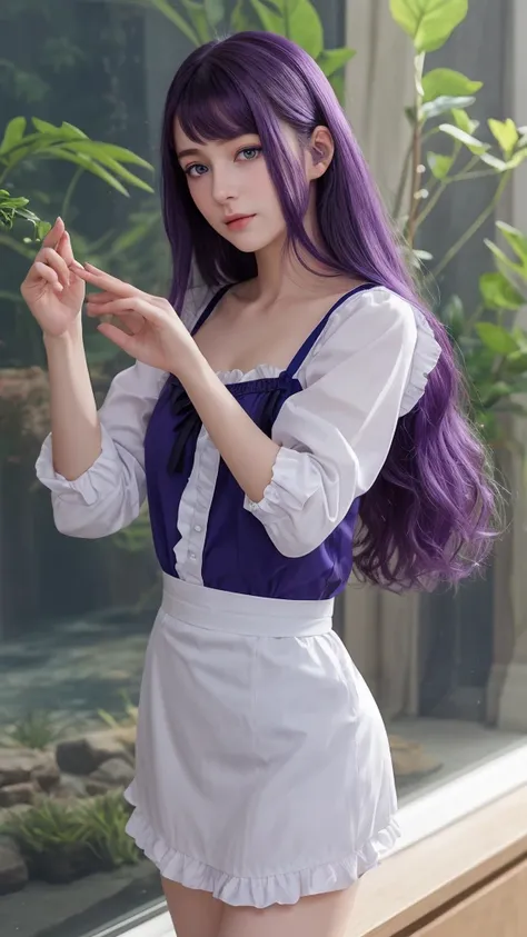 European girl.  Facial details.  Delicate facial features.  Half-closed eyes.  blue eyes.  Long Straight Hairstyle. Purple Hair.  A calm face. ((Dynamic pose)). (Maid clothes). Beautiful thighs. Beautiful bust. Beautiful background. (Aquarium)