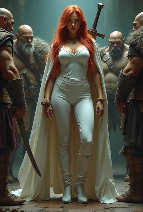 grimdark fantasy, a 2 girl with long spiky red hair and round face with green eyes and thickish strong body with wide hips and big breasts and wearing a tight white t-shirt with cleavage and tight white trousers and short white boots and a white cloak with...