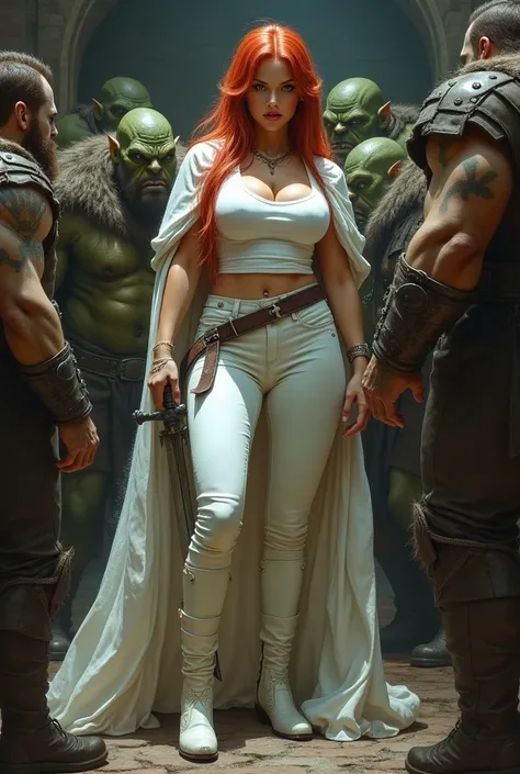 grimdark fantasy, a 2 girl with long spiky red hair and round face with green eyes and thickish strong body with wide hips and big breasts and wearing a tight white t-shirt with cleavage and tight white trousers and short white boots and a white cloak with...