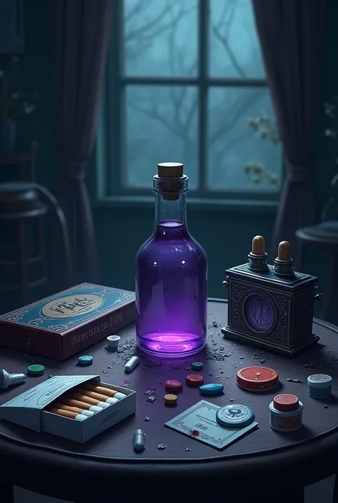 Table full of cigarettes, cigarette box, pill, A box of controlled drugs and a bottle of purple liquid. Made in gothic animation style 
