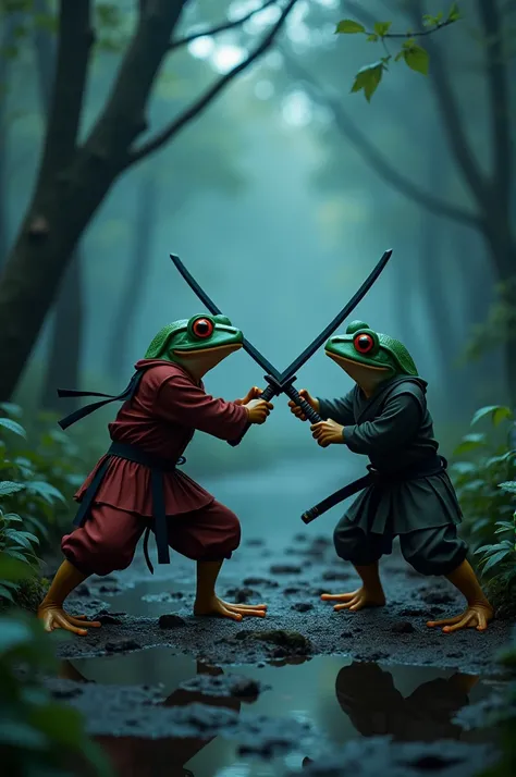 Two frogs in ninja clothes fighting with katanas in a dark forest at night 