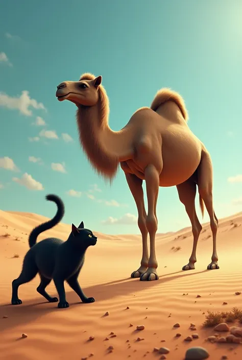 Camel fights with black cat