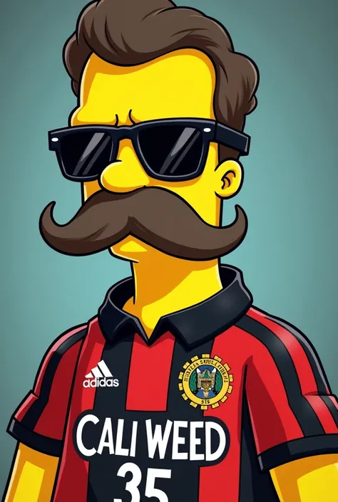 homer simpson en mode pablo escobar avec une moustache et une coupe de cheveux avec une paire de lunette noir avec un cigare dans la bouche et le maillot rouge et noir du stade rennais et sur le maillot ecrit au mileu Cali Weed 35 floqué en cartoon