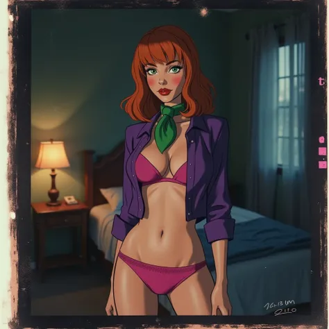 1girl, Daphne Blake porn movie naked big , languid, loose, shoulder length auburn hair, green eyes, standing in a bedroom, wearing an open purple shirt with bare midriff, green neck scarf, pink underwear, erotic nsfw pose, 11:30 pm, dimly lit, dark room, b...