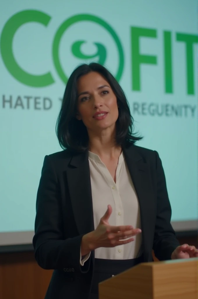 Make a video of a female speaker wearing a suit, smartly dressed, black hair and giving an academic presentation on plant-based protein.: New options for sustainable health. With C9FiTe, a plant-based protein, it is packed with many benefits that are super...