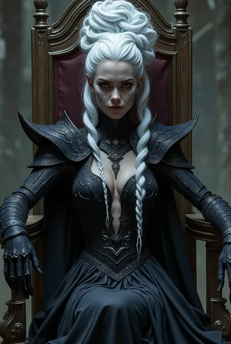 draw style, drow woman sitting on a throne, dark elf, ebonite skin tone, red eyes, white hair braided into a high hairstyle, spider-like armor over a dress, white patterns on her face