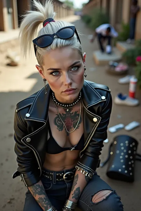 russian milf woman, grey hair (pouf, shaved sides, ponytail) and oversize wide colourful bandana as headband, with very light blue eyes, extremely pale. Wearing  cropped black moto jacket with lots of zippers and pins, black push up bra with white seams, d...