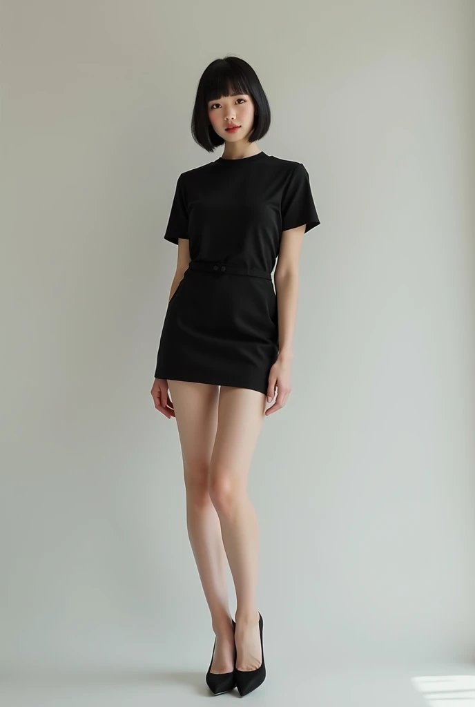 A girl model with boycut wearing mini black dress ,with black hair  and black heels  ,having square face with little brownish eyes