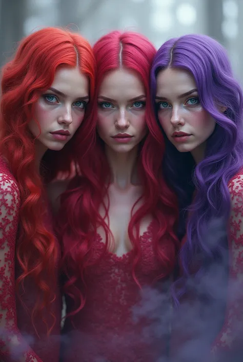 a 3 woman with red and purple hair