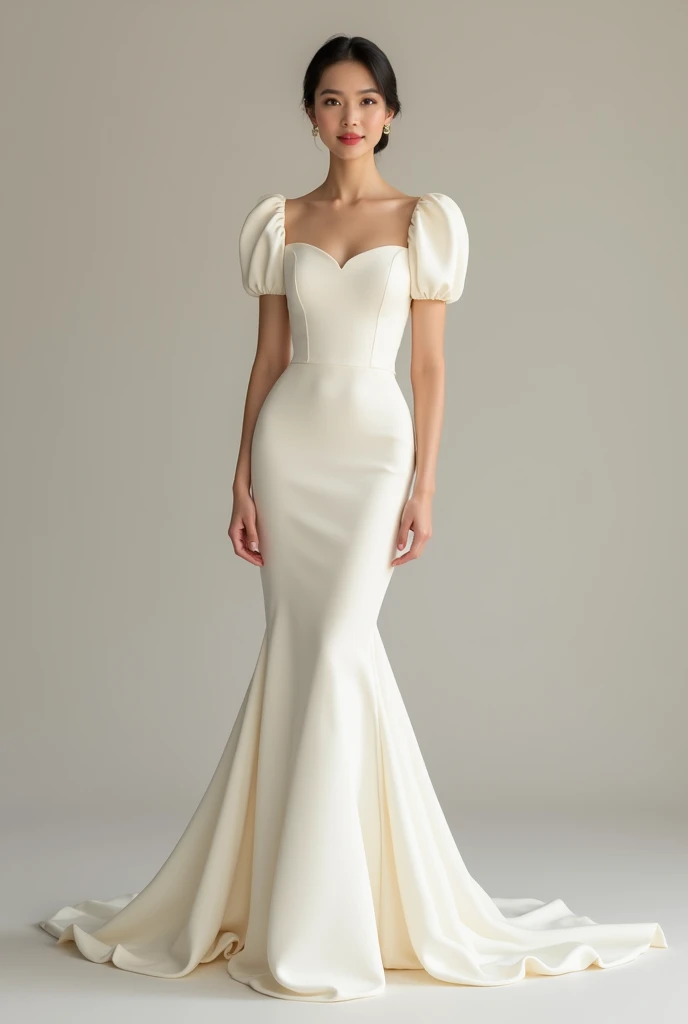 Create a brides wedding dress. A plain, simple but elegant off-white puff sleeve, square neck mermaid micado dress for a female, 51ft, 46kg in weight and  27 waistline. Whole body, front. With the face of Joan Morante Cueto from De Joya Compound, Alangilan...