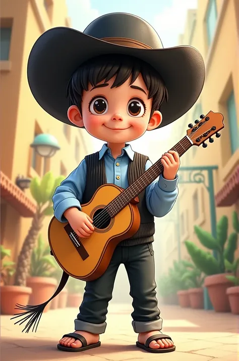 A cartoon of a child, Dressed in black cloth pants and a light blue long-sleeved button-down shirt, black vest, sandals and a black Vallegrandino hat and a guitar in his right hand