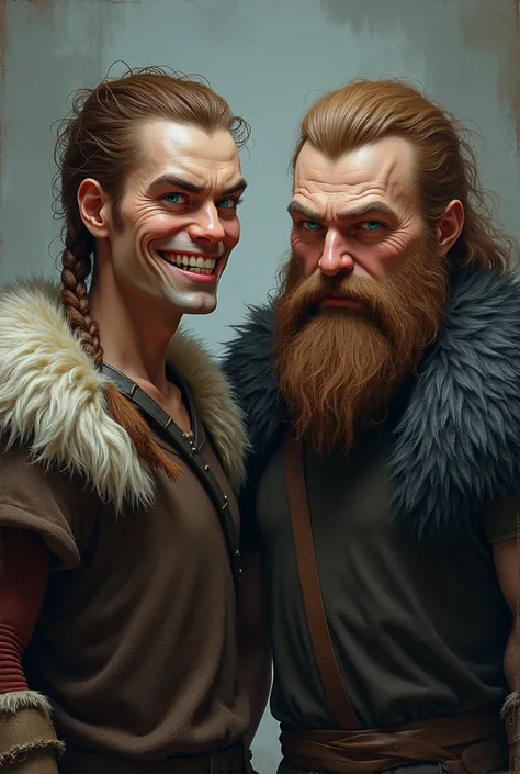 Homem viking alto, skin fair, Scrawny, braided brown hair, greeneyes, wicked grin, clean  face, next to a fat man, light brown hair, Large Beard, blue colored eyes, evil face, wearing a dark gray tunic, and brown pants.