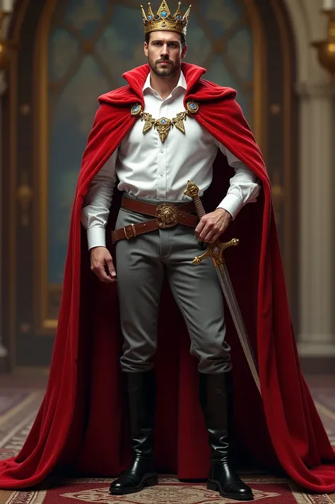 a king. Over his shoulders he wears a red velvet cape. Your shirt is white with long sleeves. The pants are gray and the boots are black leather.. At his waist he wears a brown belt with a silver sword.. over your head, there is a golden crown with preciou...