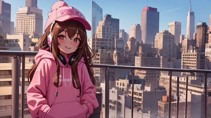 1girl, long brown hair, pink oversized fluffy hoodie, shorts, best quality, 8k quality, sunny sky, city downtown, new york city, chilling, smiling, white cap, headphones, listening to music