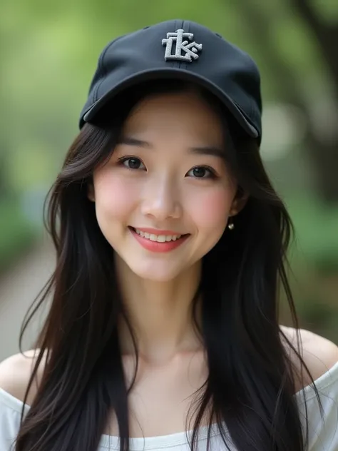 chinese girl 20 years old , with flawless face,bright smile,cute,beautiful,high quality beautiful,black hair ,with black bisbol hat,casual style ,natural