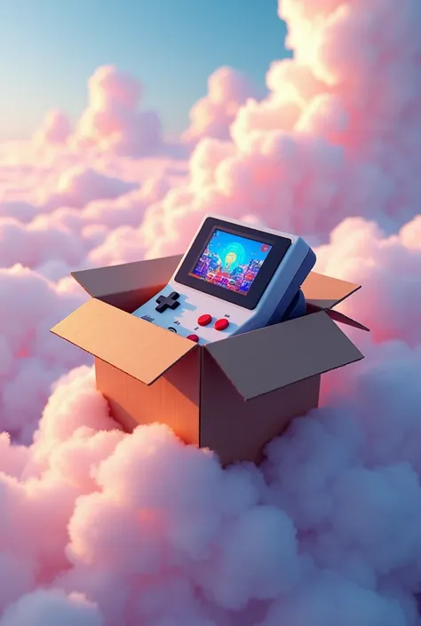 console inside a cardboard box in the clouds