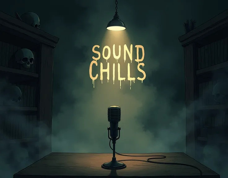 Make a dark room with a lamp above making it throw light towards the floor, the light reveals a microphone, from the microphone behind the microphone there are books, skulls and fog. Also behind the microphone is the title of "Sound Chills" in Spanish and ...