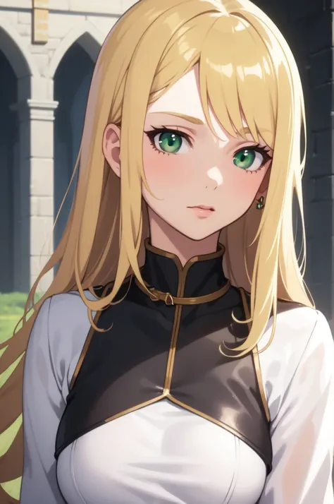 ((best quality)), ((masterpiece)), (detailed), perfect face, a blonde girl with green eyes, From medieval times, wearing the medieval clothes of a poor young woman, Whole body, anime style.