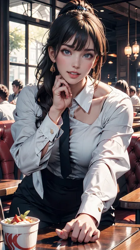 Girl with short ponytail wearing formal suit lying on restaurant table,  Clear Eyes, Perfect body,  (Looking down at the viewer:0.8), (Pure Eros Face_v1:0.2), Removable sleeves, Open your mouth, bangs, One person, Glowing Skin, (masterpiece;1.0), (Realisti...