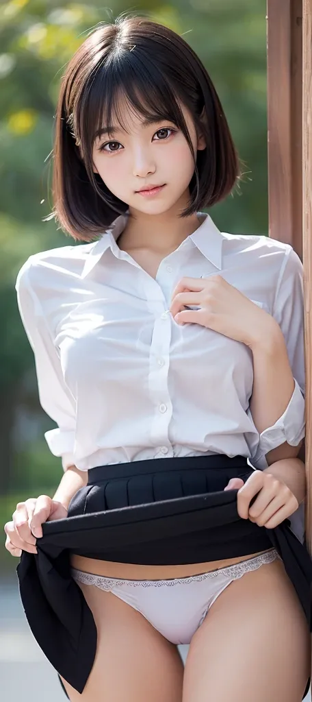 Highest resolution、8k、One Girl、(Young face)、((Japanese beautiful girl))、((Very cute face))、Beautiful black hair、Highly detailed background、Japanese High School Uniform、(Slender body)、Huge breasts、White panties、(cameltoe:1.2)、 ((Highest quality))