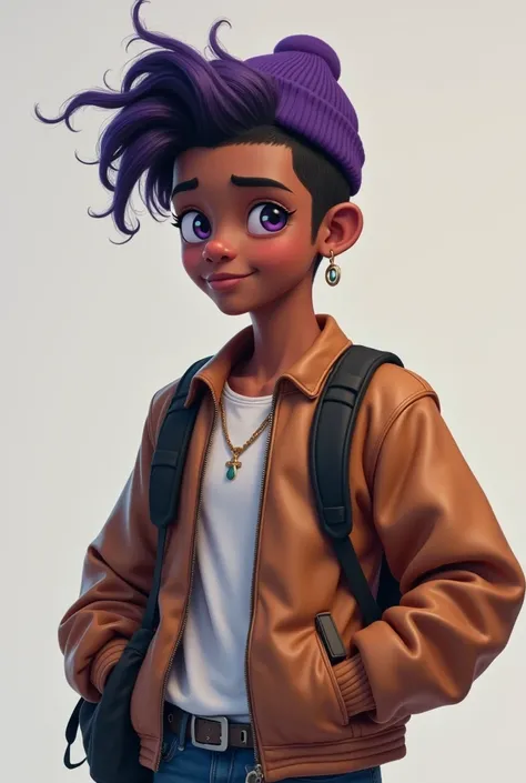 African American teenage male with a split dye hair one side purple one side black, gay, always wears a beanie and wears a shoulder bag instead of a backpack