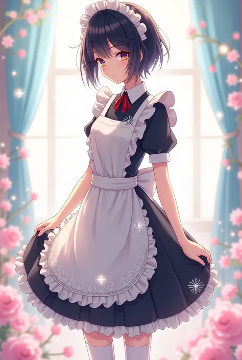 Guy with black hair with maid outfit, anime style