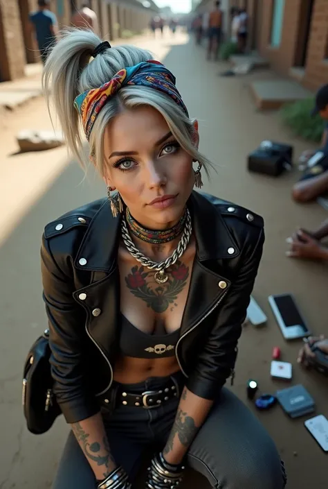 russian milf woman, grey hair (pouf, shaved sides, ponytail) and oversize wide colourful bandana as headband, with very light blue eyes, extremely pale. Wearing  cropped black moto jacket with lots of zippers and pins. Dark grey cropped top with winged sku...