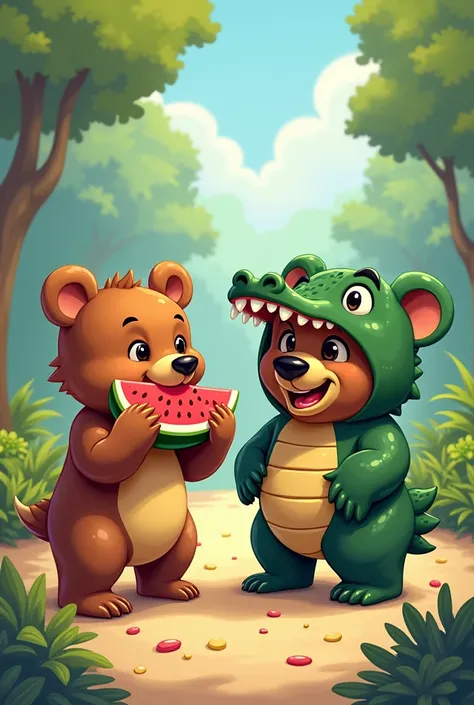 Cartoon image with vibrant colors, a bear eating watermelon and the other taking off an alligator costume