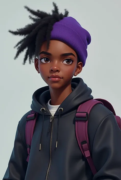 African American teenage male with a split dye hair one side purple one side black, always wears a beanie and wears a shoulder bag instead of a backpack