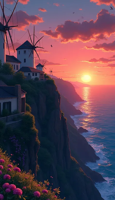 A serene coastal village on a cliff, with windmills and lush gardens, where villagers tend to their crops while gazing out at the endless sea.The sun is setting in the horizon, casting a warm orange and red glow across the sky and reflecting on the calm oc...