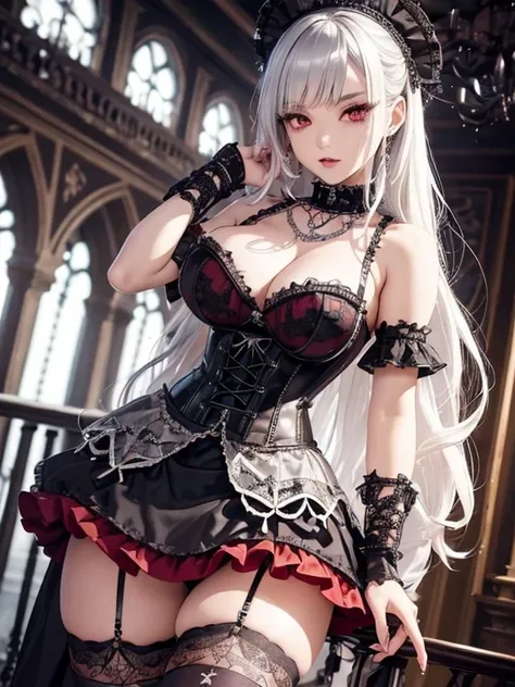 A 2 gothic punk goth girl, perfect face, beautiful Asian woman with long White hair in curls and coils, very cute and beautiful girl, (highly detailed beautiful face), high detailed fingers, (Blood Red corset with detailed frills), detailed face, detailed ...