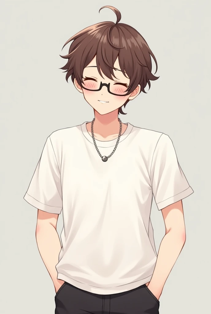 Make an image of a anime guy with glasses and white plane t shirt and black plain shorts, wearing a chain necklace and brown hair that has curtain in smiling face, closing eyes with black glasses with gray plain background 
