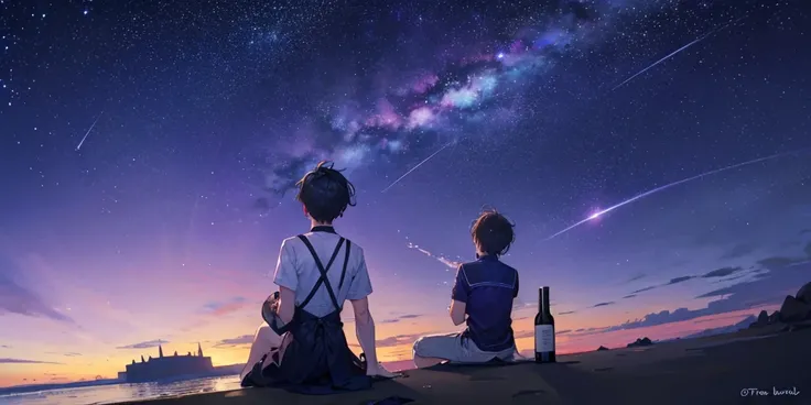 The back of a boy sitting on the beach holding a bottle of wine. There is a large purple starry sky and shooting stars in the background. The overall picture is darker.