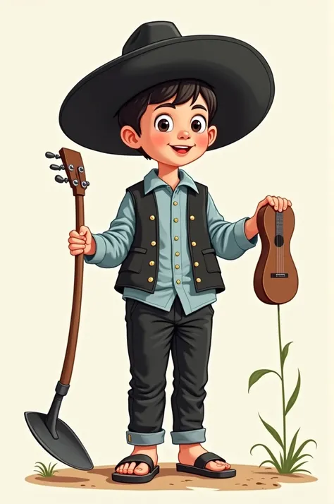 A cartoon of a child, Dressed in black cloth pants and a light blue long-sleeved shirt tucked into the pants with buttons, black vest, sandals and a black Vallegrandino hat and a hoe in his right hand and a guitar in his left hand