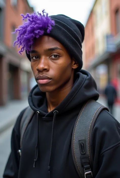 African American teenage male with a split dye hair one side purple one side black, always wears a beanie and wears a shoulder bag instead of a backpack, brown eyes