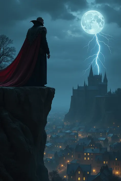 a vampire count on top of a cliff, under him is a small gothic town with lights only inside the buildings, behind him is a dark and spooky castle under a dark sky with one lightningbolt glooming in the night